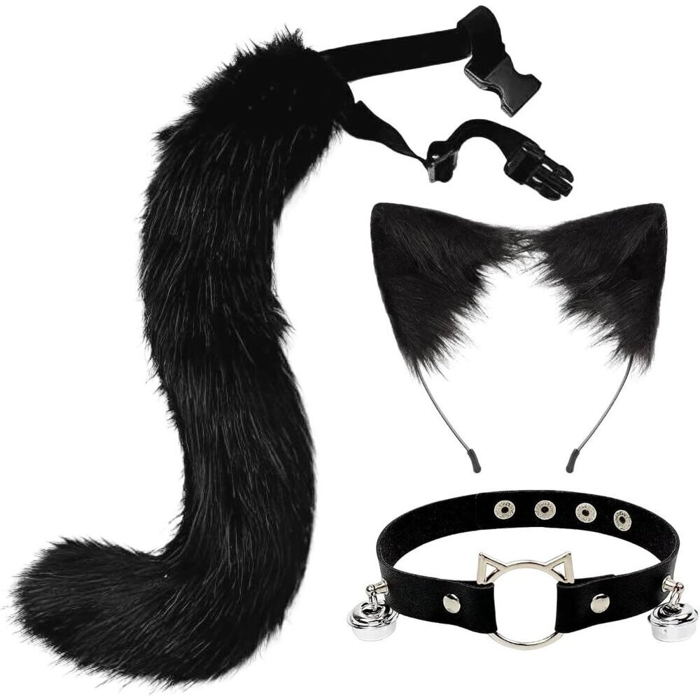 Faux Fur Cat Wolf Ears Tail Collar Costume Set for Cosplay Halloween